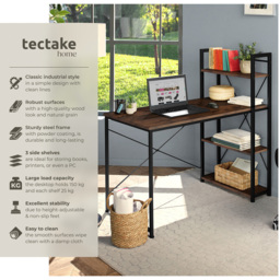 tectake 3 Compartment Dark Wood Industrial Desk with Integrated Shelf - Size: 120 x 61 x 122cm - Brown - Wilko - thumbnail 4