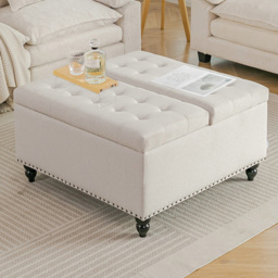 Living and Home Beige Square Linen Upholstered Lift Top and Flip Storage Ottoman - Size: 78 x 81.5 x 81.5cm - Wilko - thumbnail 1
