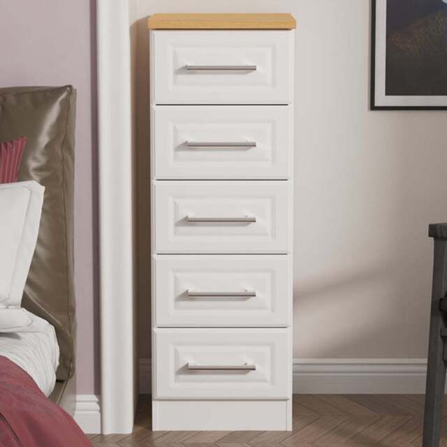 Crowndale Kent 5 Drawer White Ash and Modern Oak Tall Bedside Cabinet Ready Assembled - White Ash & Modern Oak - Wilko - image 1