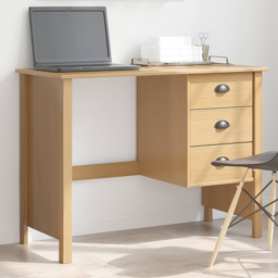 vidaXL Hill 3 Drawer Compact Pine Wood Home Desk Brown - Size: 74 x 100 x 45cm - Wilko
