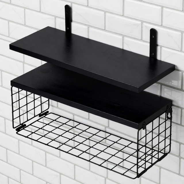 Living and Home Black 2-Tier Wall-Mounted Floating Shelf with Wire Basket - Size: 15.5 x 40 x 14.7cm - Wilko - image 1