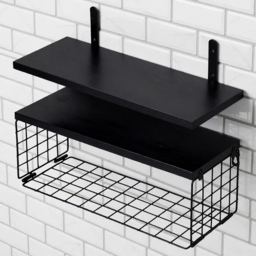 Living and Home Black 2-Tier Wall-Mounted Floating Shelf with Wire Basket - Size: 15.5 x 40 x 14.7cm - Wilko - thumbnail 1