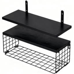 Living and Home Black 2-Tier Wall-Mounted Floating Shelf with Wire Basket - Size: 15.5 x 40 x 14.7cm - Wilko - thumbnail 3