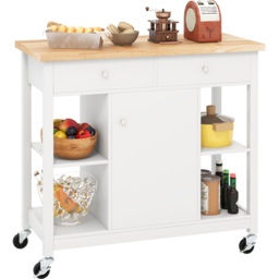 Costway White Rolling Kitchen Island Cart with Rubber Wood Top - Size: 116 x 56.5 x 22.5cm - Wilko