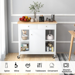 Costway White Rolling Kitchen Island Cart with Rubber Wood Top - Size: 116 x 56.5 x 22.5cm - Wilko - thumbnail 5