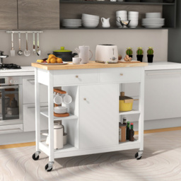 Costway White Rolling Kitchen Island Cart with Rubber Wood Top - Size: 116 x 56.5 x 22.5cm - Wilko - thumbnail 3