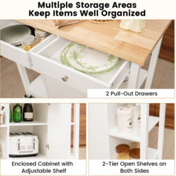 Costway White Rolling Kitchen Island Cart with Rubber Wood Top - Size: 116 x 56.5 x 22.5cm - Wilko - thumbnail 4