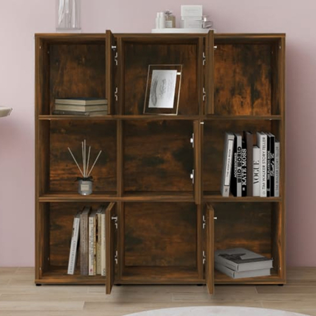 vidaXL 5 Door 4 Shelf Smoked Oak Wooden Bookcase - Size: 90 x 90 x 30cm - Brown - Wilko - image 1