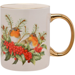 The Seasonal Gift Co. Robins Gold Electroplated Mug - Size: 10 x 12 x 8cm - White - Wilko