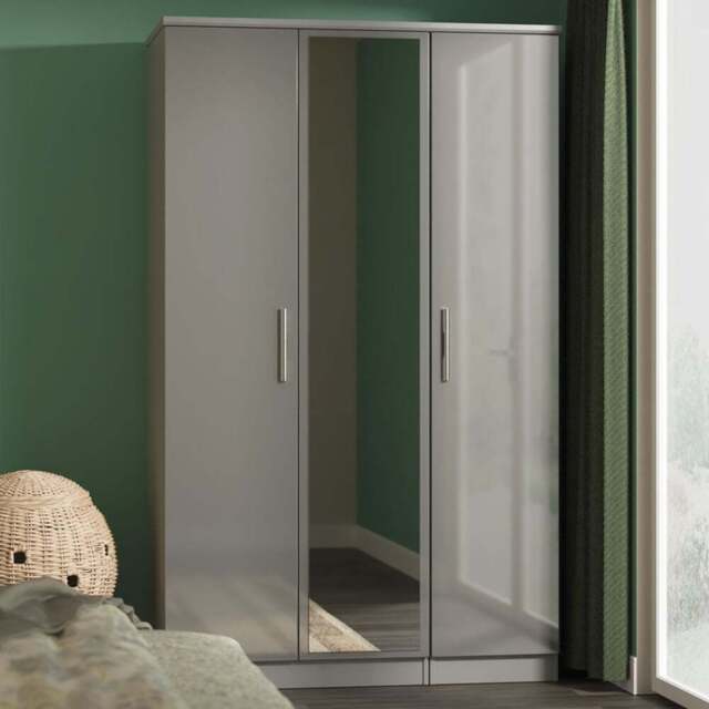 Crowndale Knightsbridge 3 Door Grey Gloss and Dusk Grey Mirror Wardrobe Ready Assembled - Grey Gloss & Dusk Grey - Wilko - image 1