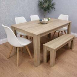 Kosy Koala 6 Seater Plastic Dining Bench Set Oak Effect and White - Multi - Portland - Wilko - thumbnail 1
