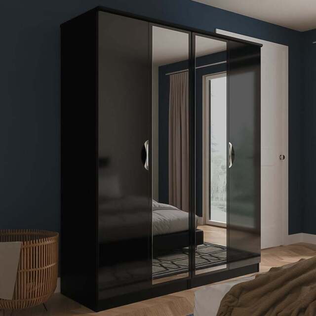 Crowndale Camden 4 Door Black Gloss and Black Mirror Wardrobe Ready Assembled - Black Gloss & Black - Wilko - image 1