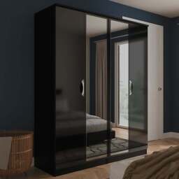 Crowndale Camden 4 Door Black Gloss and Black Mirror Wardrobe Ready Assembled - Black Gloss & Black - Wilko