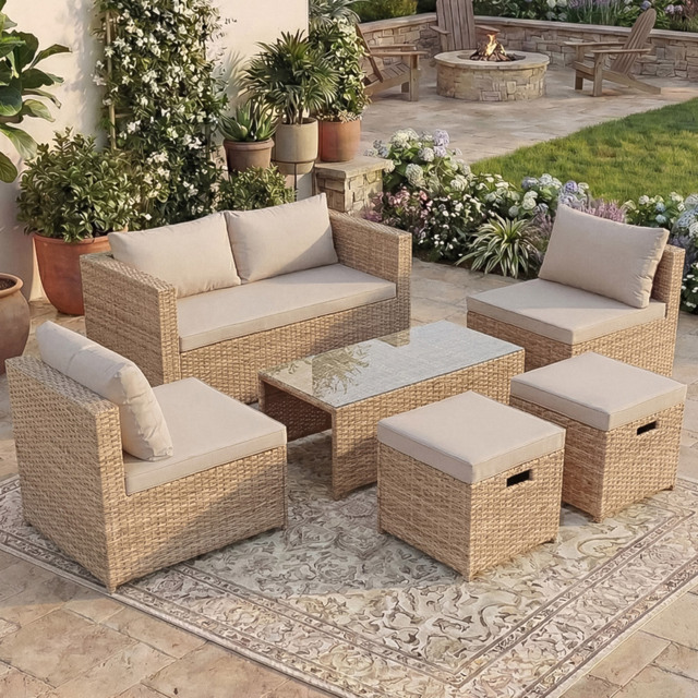 Garden Vida Islay 6 Seater Natural PE Rattan Garden Lounge Set - Wilko - image 1