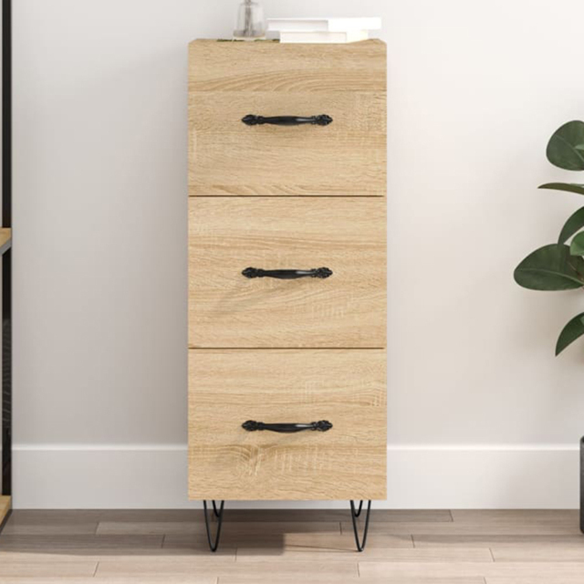 vidaXL 3 Drawer Sonoma Oak Sideboard with Metal Legs and Handles - Size: 90 x 34.5 x 34cm - Brown - Wilko - image 1