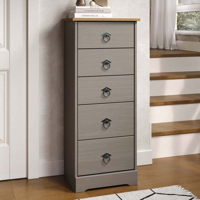 Core Products Corona Classic 5 Drawer Grey Pine Wood Narrow Chest of Drawers - Wilko - image 1