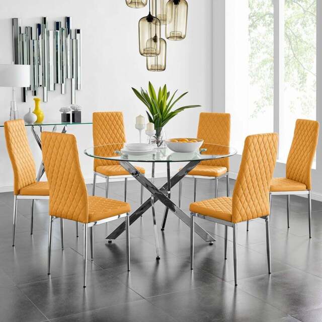 Furniturebox Arona Valera 6 Seater Round Dining Set Mustard and Chrome - Yellow - Wilko - image 1