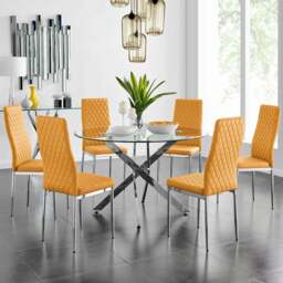 Furniturebox Arona Valera 6 Seater Round Dining Set Mustard and Chrome - Yellow - Wilko - thumbnail 1