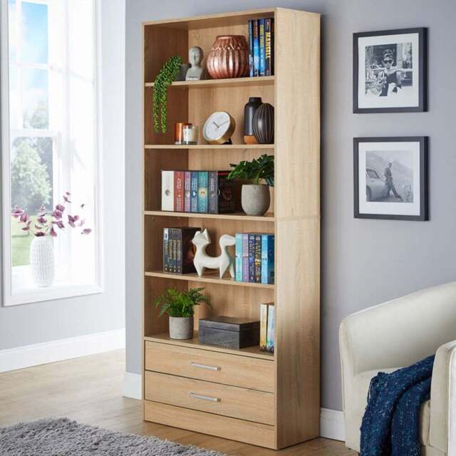 Home Source Clara 2 Drawer 5 Shelf Oak Bookcase - Brown - Wilko - image 1
