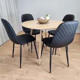 Kosy Koala 4 Seater Faux Leather Round Dining Set Wood Effect and Black - Multi - Portland - Wilko