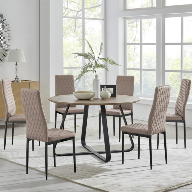 Furniturebox Fira Valera Wood Effect 6 Seater Round Dining Set Brown Cappuccino and Black - Wilko - image 1