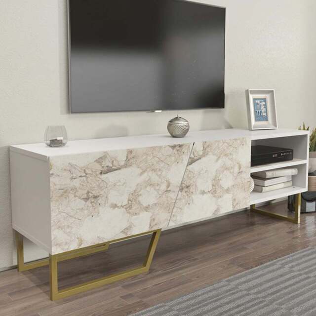 Decorotika Denasse White Marble Effect and Gold TV Unit - Size: 50.5 x 150 x 35cm - Multi - Wilko - image 1