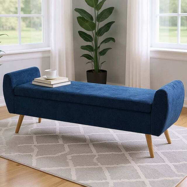 Living and Home Blue Chenille Upholstered Storage Bench - Size: 54 x 153 x 46cm - Wilko - image 1