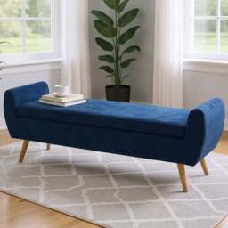 Living and Home Blue Chenille Upholstered Storage Bench - Size: 54 x 153 x 46cm - Wilko