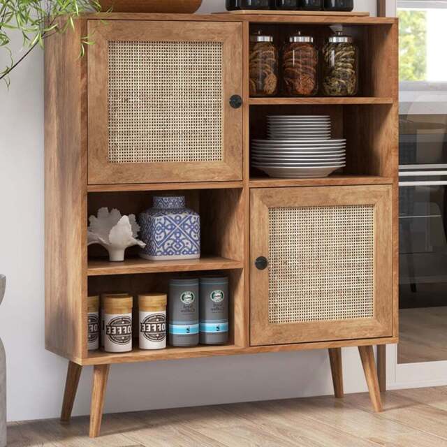 Costway 2 Door 4 Shelf Brown Rattan Cabinet - Size: 106 x 46 x 17cm - Wilko - image 1