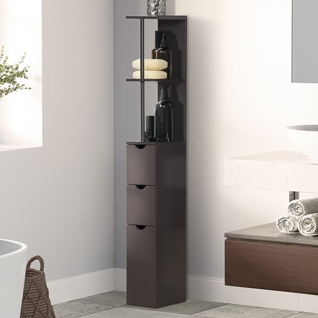 HOMCOM 3 Drawer and 2 Shelf Brown Tall Bathroom Storage Cabinet - Size: 136.5 cm x 33.0 cm x 15.0 cmcm - Wilko - image 1