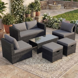 Garden Vida Islay 6 Seater Black PE Rattan Set Garden Lounge Set with Cover - Wilko