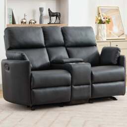Artemis Home Hudson 2 Seater Black Leather Rocker Manual Recliner Sofa with Centre Console - Wilko - thumbnail 1