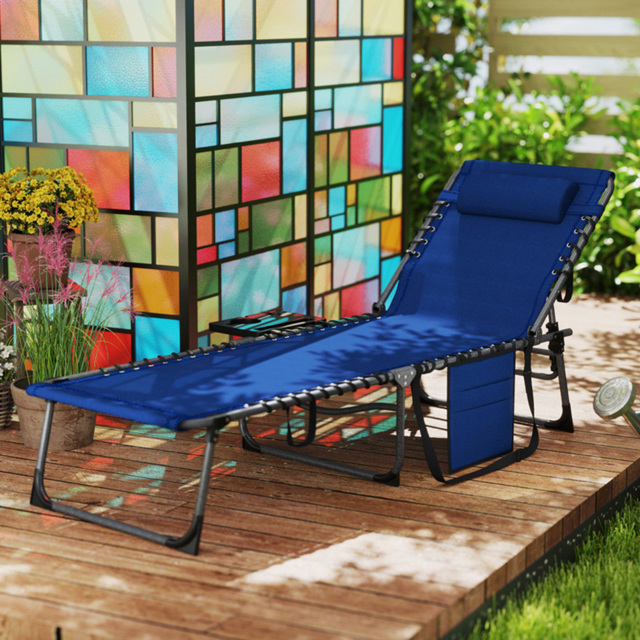 Outsunny Grey 5 Level Adjustable Folding Sun Lounger with Side Table - Size: 31 x 60 x 190cm - Blue - Wilko - image 1