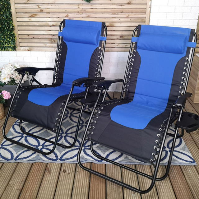 Samuel Alexander Set of 2 Blue and Black Multi Position Garden Sun Loungers - Size: 1 Seater - Wilko - image 1