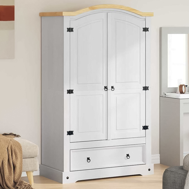 vidaXL Corona 2 Door Single Drawer White Solid Pine Wood Wardrobe - Wilko - image 1