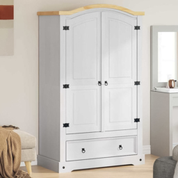 vidaXL Corona 2 Door Single Drawer White Solid Pine Wood Wardrobe - Wilko