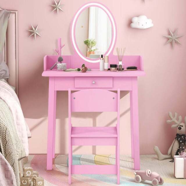 Costway Single Drawer Pink Kids Vanity Set with Lighted Mirror - Size: 60 x 35 x 96cm - Wilko - image 1
