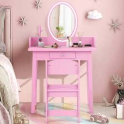 Costway Single Drawer Pink Kids Vanity Set with Lighted Mirror - Size: 60 x 35 x 96cm - Wilko