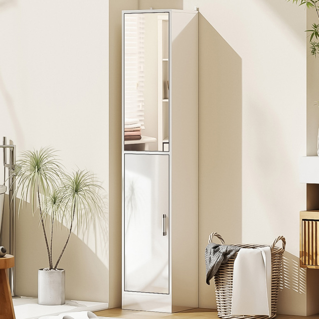 Kleankin Single Door High Gloss White Tall Bathroom Cabinet with Mirror - Size: 162.0 cm x 28.0 cm x 32.0 cmcm - Wilko - image 1