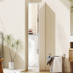 Kleankin Single Door High Gloss White Tall Bathroom Cabinet with Mirror - Size: 162.0 cm x 28.0 cm x 32.0 cmcm - Wilko - thumbnail 1