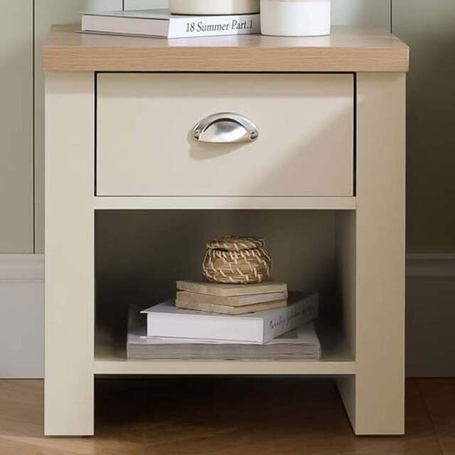 Highgate Single Drawer Cream and Oak Lamp Table - Size: 44 x 44 x 48cm - White - Birlea - Wilko - image 1