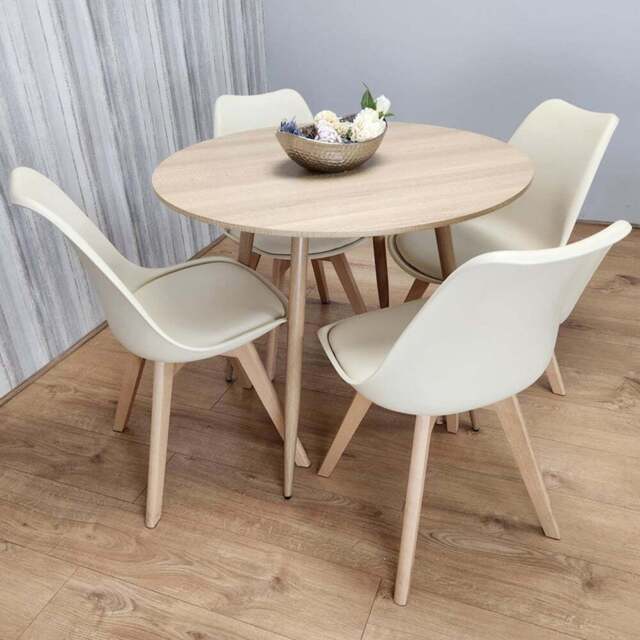 Kosy Koala 4 Seater 4 Seater Faux Leather Round Dining Set Wood Effect and Cream - Portland - Wilko - image 1