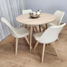 Kosy Koala 4 Seater 4 Seater Faux Leather Round Dining Set Wood Effect and Cream - Portland - Wilko