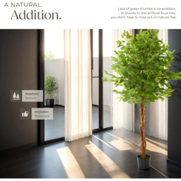 tectake Artificial Ficus Tree in Pot 180cm - Size: 180 x 70 x 70cm - Green - Wilko - thumbnail 6