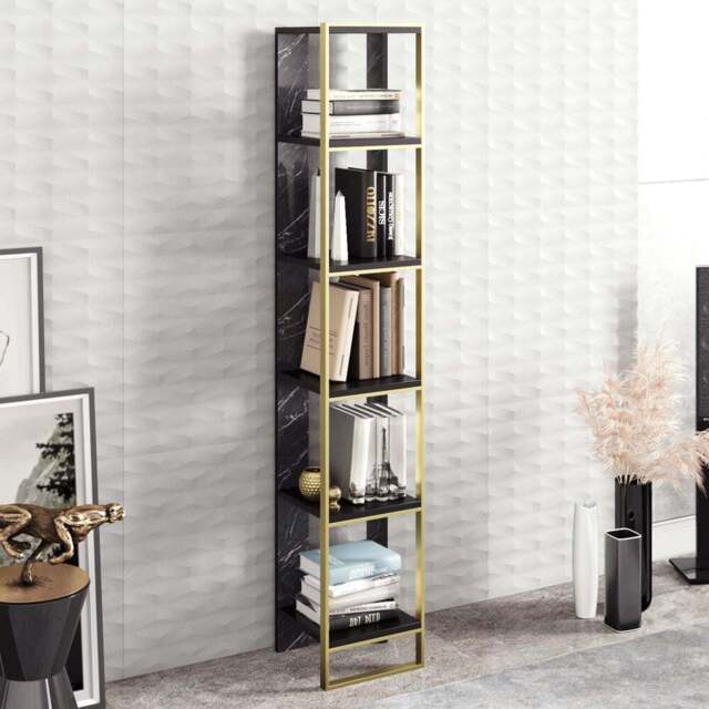 Decorotika Polka 5 Shelf Black Marble and Gold Bookshelf - Size: 178.5 x 32.2 x 31.3cm - Multi - Wilko - image 1