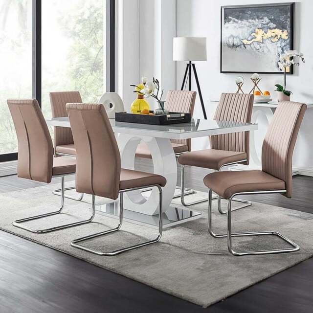 Furniturebox Lucia Fontant 6 Seater Dining Set Grey Gloss Cappuccino and Chrome - Brown - Wilko - image 1