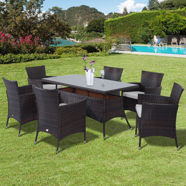 Outsunny 6 Seater Brown Rattan Rectangular Garden Dining Set - Wilko - image 1