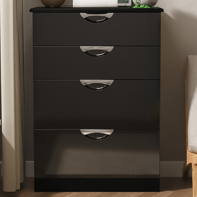 Crowndale Camden 4 Drawer Black Gloss and Black Deep Chest of Drawers Ready Assembled - Black Gloss & Black - Wilko - image 1
