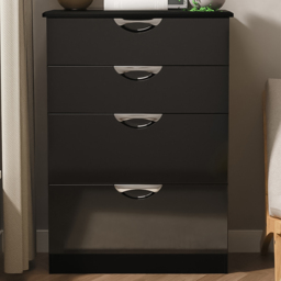 Crowndale Camden 4 Drawer Black Gloss and Black Deep Chest of Drawers Ready Assembled - Black Gloss & Black - Wilko