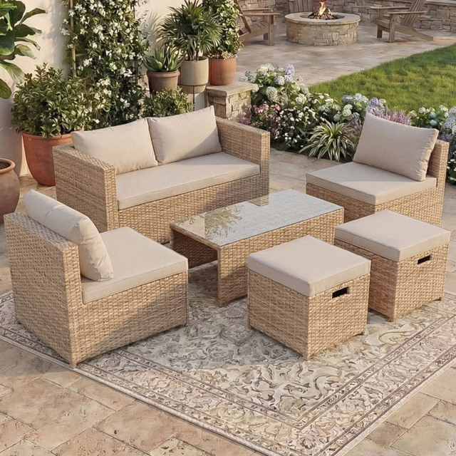 Garden Vida Islay 6 Seater Natural PE Rattan Set Garden Lounge Set with Cover - Wilko - image 1